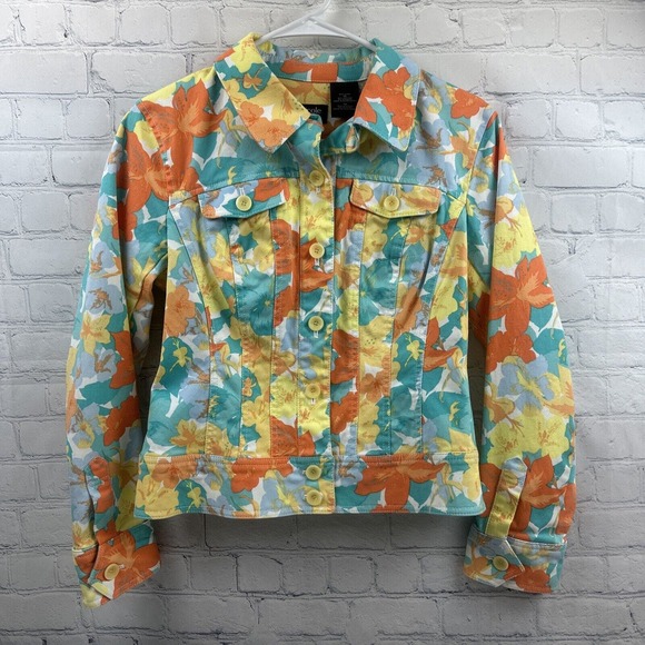 Nicole Miller Floral Button Up‎ Jacket Womens 10 Multi Cotton Denim Long Sleeve - Picture 2 of 9